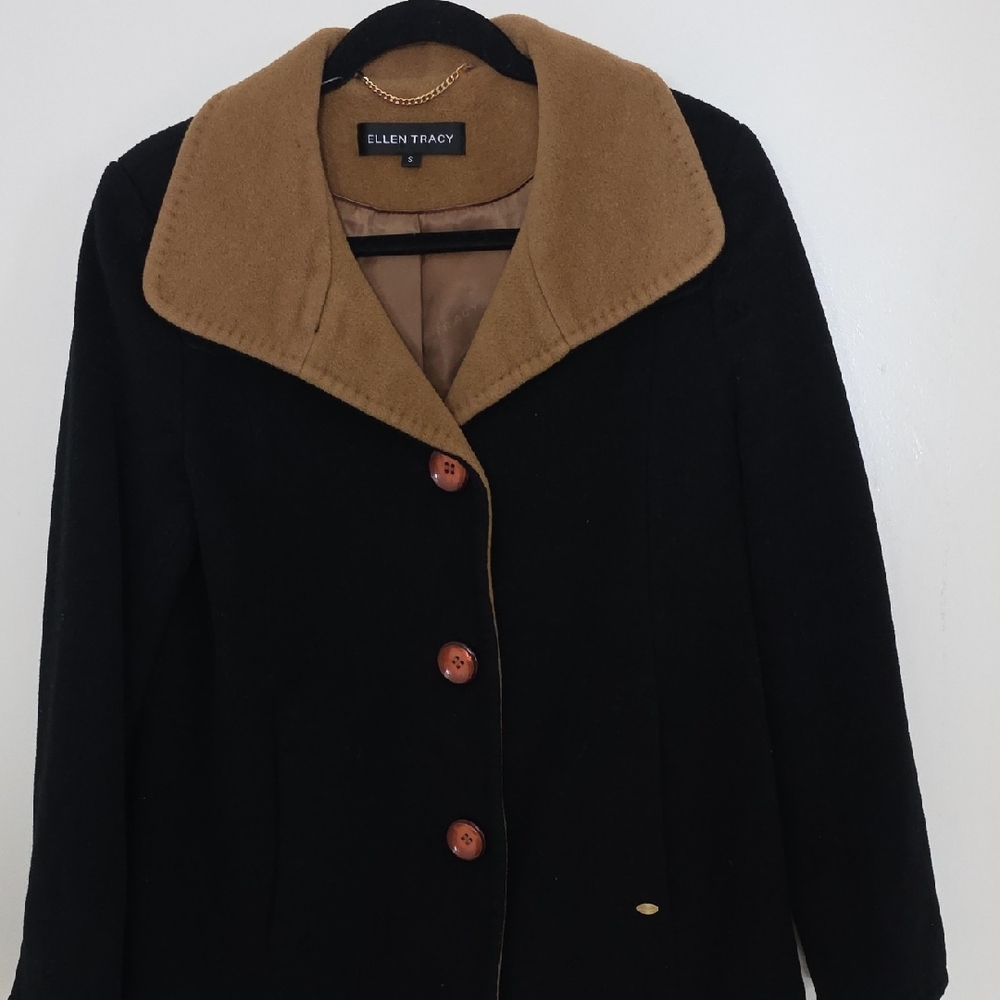 Ellen Tracy Black Wool Pea Coat with Camel Contrast Collar